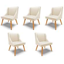 Kit 5 Cadeiras Decorativas Sala de Jantar Pés Palito de Madeira Firenze PU Bege/Natural G19 - Gran Belo