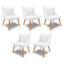 Kit 5 Cadeiras Decorativas Sala de Jantar Pés Palito de Madeira Firenze PU Branco Fosco/Natural G19 - Gran Belo