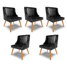 Kit 5 Cadeiras Decorativas Sala de Jantar Pés Palito de Madeira Firenze PU Preto Brilho/Natural G19 - Gran Belo