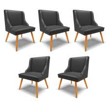 Kit 5 Cadeiras Decorativas Sala de Jantar Pés Palito de Madeira Firenze PU Preto Fosco/Natural G19 - Gran Belo