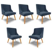 Kit 5 Cadeiras Decorativas Sala de Jantar Pés Palito de Madeira Firenze Suede Azul Marinho/Natural G19 - Gran Belo