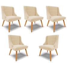 Kit 5 Cadeiras Decorativas Sala de Jantar Pés Palito de Madeira Firenze Suede Bege/Natural G19 - Gran Belo