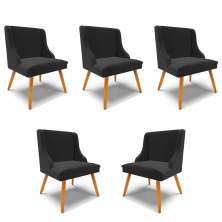 Kit 5 Cadeiras Decorativas Sala de Jantar Pés Palito de Madeira Firenze Veludo Preto/Natural G19 - Gran Belo