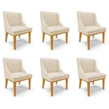 Kit 6 Cadeiras Decorativas Sala de Jantar Base Fixa de Madeira Firenze PU Bege/Castanho G19 - Gran Belo