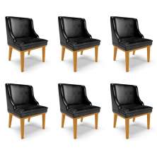 Kit 6 Cadeiras Decorativas Sala de Jantar Base Fixa de Madeira Firenze PU Preto Brilho/Castanho G19 - Gran Belo