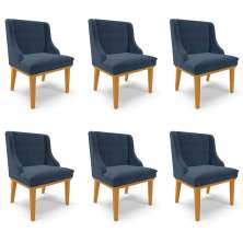 Kit 6 Cadeiras Decorativas Sala de Jantar Base Fixa de Madeira Firenze Suede Azul Marinho/Castanho G19 - Gran Belo