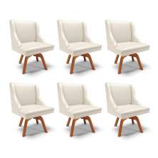 Kit 6 Cadeiras Decorativas Sala de Jantar Base Giratória de Madeira Firenze PU Bege/Natural G19 - Gran Belo