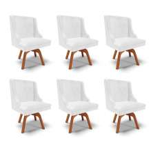 Kit 6 Cadeiras Decorativas Sala de Jantar Base Giratória de Madeira Firenze PU Branco Brilho/Natural G19 - Gran Belo