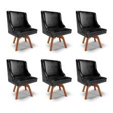 Kit 6 Cadeiras Decorativas Sala de Jantar Base Giratória de Madeira Firenze PU Preto Brilho/Natural G19 - Gran Belo
