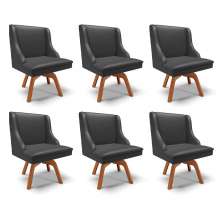 Kit 6 Cadeiras Decorativas Sala de Jantar Base Giratória de Madeira Firenze PU Preto Fosco/Natural G19 - Gran Belo