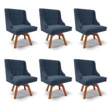 Kit 6 Cadeiras Decorativas Sala de Jantar Base Giratória de Madeira Firenze Suede Azul Marinho/Natural G19 - Gran Belo
