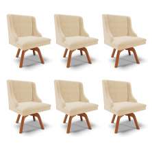 Kit 6 Cadeiras Decorativas Sala de Jantar Base Giratória de Madeira Firenze Suede Bege/Natural G19 - Gran Belo