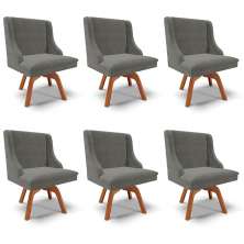 Kit 6 Cadeiras Decorativas Sala de Jantar Base Giratória de Madeira Firenze Suede Grafite/Natural G19 - Gran Belo