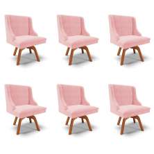 Kit 6 Cadeiras Decorativas Sala de Jantar Base Giratória de Madeira Firenze Suede Rosa Bebê/Natural G19 - Gran Belo