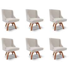 Kit 6 Cadeiras Decorativas Sala de Jantar Base Giratória de Madeira Firenze Veludo Cinza/Natural G19 - Gran Belo