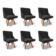 Kit 6 Cadeiras Decorativas Sala de Jantar Base Giratória de Madeira Firenze Veludo Preto/Natural G19 - Gran Belo