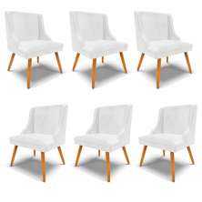 Kit 6 Cadeiras Decorativas Sala de Jantar Pés Palito de Madeira Firenze PU Branco Brilho/Natural G19 - Gran Belo