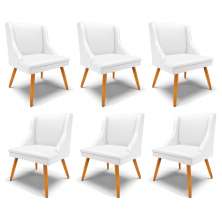 Kit 6 Cadeiras Decorativas Sala de Jantar Pés Palito de Madeira Firenze PU Branco Fosco/Natural G19 - Gran Belo