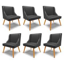 Kit 6 Cadeiras Decorativas Sala de Jantar Pés Palito de Madeira Firenze PU Preto Fosco/Natural G19 - Gran Belo