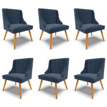 Kit 6 Cadeiras Decorativas Sala de Jantar Pés Palito de Madeira Firenze Suede Azul Marinho/Natural G19 - Gran Belo