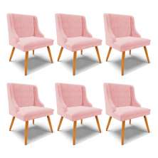 Kit 6 Cadeiras Decorativas Sala de Jantar Pés Palito de Madeira Firenze Suede Rosa Bebê/Natural G19 - Gran Belo