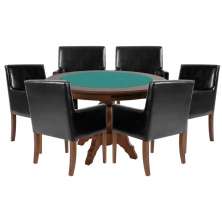 Mesa de Jogos Carteado Redonda Montreal Tampo Reversível Imbuia com 6 Cadeiras Liverpool Corino Preto Liso G36 G15 - Gran Belo