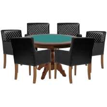 Mesa de Jogos Carteado Redonda Montreal Tampo Reversível Imbuia com 6 Cadeiras Liverpool Corino Preto Matelassê G36 G15 - Gran Belo