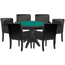 Mesa de Jogos Carteado Redonda Montreal Tampo Reversível Preto com 6 Cadeiras Liverpool Corino Preto Matelassê G36 G15 - Gran Belo
