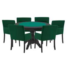 Mesa de Jogos Carteado Redonda Montreal Tampo Reversível Preto com 6 Cadeiras Vicenza Verde G36 G15 - Gran Belo