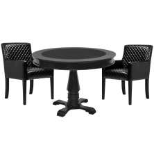 Mesa de Jogos Carteado Redonda Victoria Tampo Reversível Preto com 2 Cadeiras Liverpool PU Preto Matelassê G36 G15 - Gran Belo