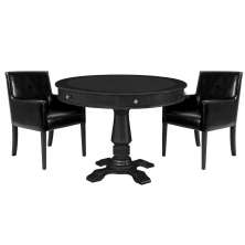 Mesa de Jogos Carteado Redonda Victoria Tampo Reversível Preto com Kit 2 Cadeiras Liverpool PU Preto Liso G36 G15 - Gran Belo