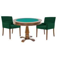 Mesa de Jogos Carteado Victoria Redonda Tampo Reversível Amêndoa com 2 Cadeiras Vicenza Suede Verde G36 G15 - Gran Belo