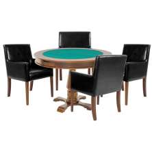 Mesa de Jogos Carteado Victoria Redonda Tampo Reversível Amêndoa com 4 Cadeiras Liverpool PU Preto Liso G36 G15 - Gran Belo