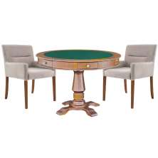Mesa de Jogos Carteado Victoria Redonda Tampo Reversível Amêndoa com Kit 2 Cadeiras Vicenza Suede Nude G36 G15 - Gran Belo