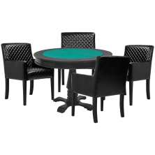 Mesa de Jogos Carteado Victoria Redonda Tampo Reversível Preto com 4 Cadeiras Liverpool PU Preto Matelassê G36 G15 - Gran Belo