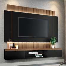 Painel Home Suspenso 1.8 para TV até 55 Polegadas com Fita LED MDP/MDF Shawn Preto/Castanho G26 - Gran Belo
