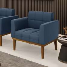 Poltrona Decorativa Karen Pés Fixo em Madeira Castanho Suede Azul Marinho G19 - Gran Belo