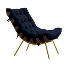 Poltrona Decorativa Sala de Estar Abel Base de Madeira Dourada Veludo Azul G41 - Gran Belo