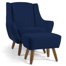 Poltrona Decorativa com Puff Sala de Estar Pés de Madeira Naomi Veludo Azul Oxford G15 - Gran Belo