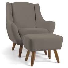 Poltrona Decorativa com Puff Sala de Estar Pés de Madeira Naomi Veludo Bege G15 - Gran Belo