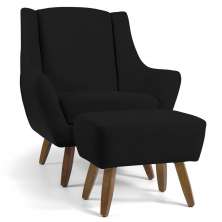 Poltrona Decorativa com Puff Sala de Estar Pés de Madeira Naomi Veludo Preto G15 - Gran Belo