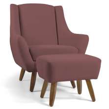 Poltrona Decorativa com Puff Sala de Estar Pés de Madeira Naomi Veludo Rosê G15 - Gran Belo