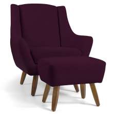 Poltrona Decorativa com Puff Sala de Estar Pés de Madeira Naomi Veludo Roxo Grape G15 - Gran Belo