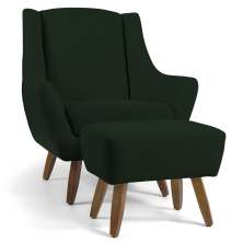 Poltrona Decorativa com Puff Sala de Estar Pés de Madeira Naomi Veludo Verde Musgo G15 - Gran Belo