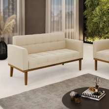 Poltrona Namoradeira Decorativa Karen Pés Fixo em Madeira Castanho Suede Bege G19 - Gran Belo