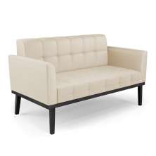 Poltrona Namoradeira Decorativa Karen Pés Fixo em Madeira Preto PU Bege G19 - Gran Belo