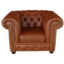 Poltrona Sala de Estar Chesterfield com Pés Madeira Couro Conhaque Brilho G40 - Gran Belo