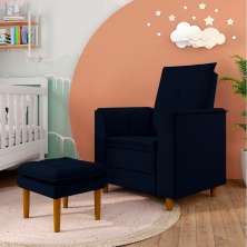 Poltrona de Amamentação Quarto de Bebê Gracy com Puff Pés Palito Veludo Azul Marinho G85 - Gran Belo