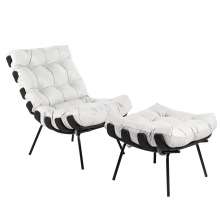 Poltrona e Puff Decorativos Sala de Estar Costela Base Preta Couro Branco G34 - Gran Belo