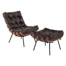 Poltrona e Puff Decorativos Sala de Estar Costela Couro Marrom G34 - Gran Belo